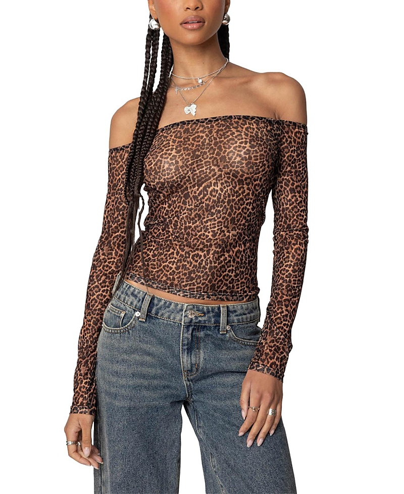 Edikted Leopard Sheer Mesh Off Shoulder Top