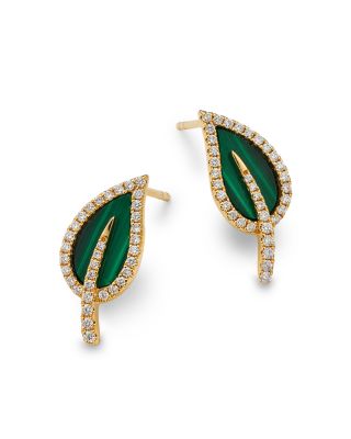 Malachite & Diamond Leaf Stud Earrings in 14K Yellow Gold