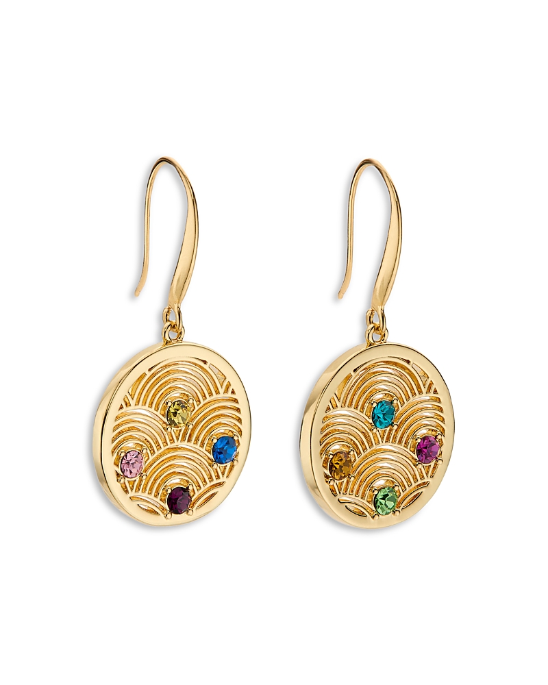 KURT GEIGER SIGNATURE SOUTHBANK MULTICOLOR CRYSTAL TEXTURED DISC DROP EARRINGS IN GOLD TONE