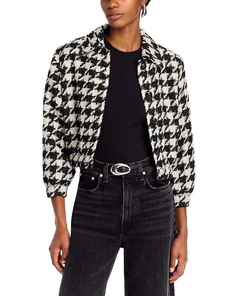 L'agence Womens Houndstooth Polyester Bomber Jacket In Ecru/black