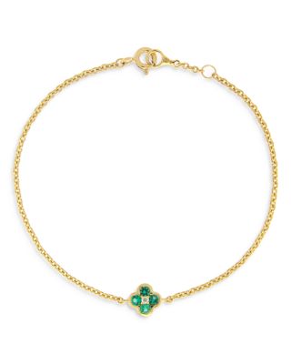 Emerald & Diamond Bezel Clover Chain Link Bracelet in 14K Yellow Gold