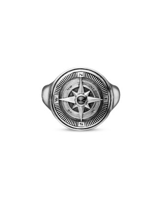Men's Sterling Silver Maritime Compass Signet Ring with Black Diamond