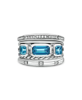 David Yurman Sterling Silver Stax Wide Ring with Hampton Blue Topaz & Diamonds