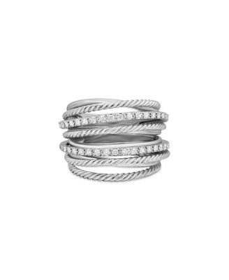 David Yurman - Sterling Silver Crossover Wide Ring with Diamonds