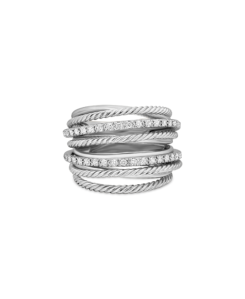 David Yurman Sterling Silver Crossover Wide Ring with Diamonds, 8