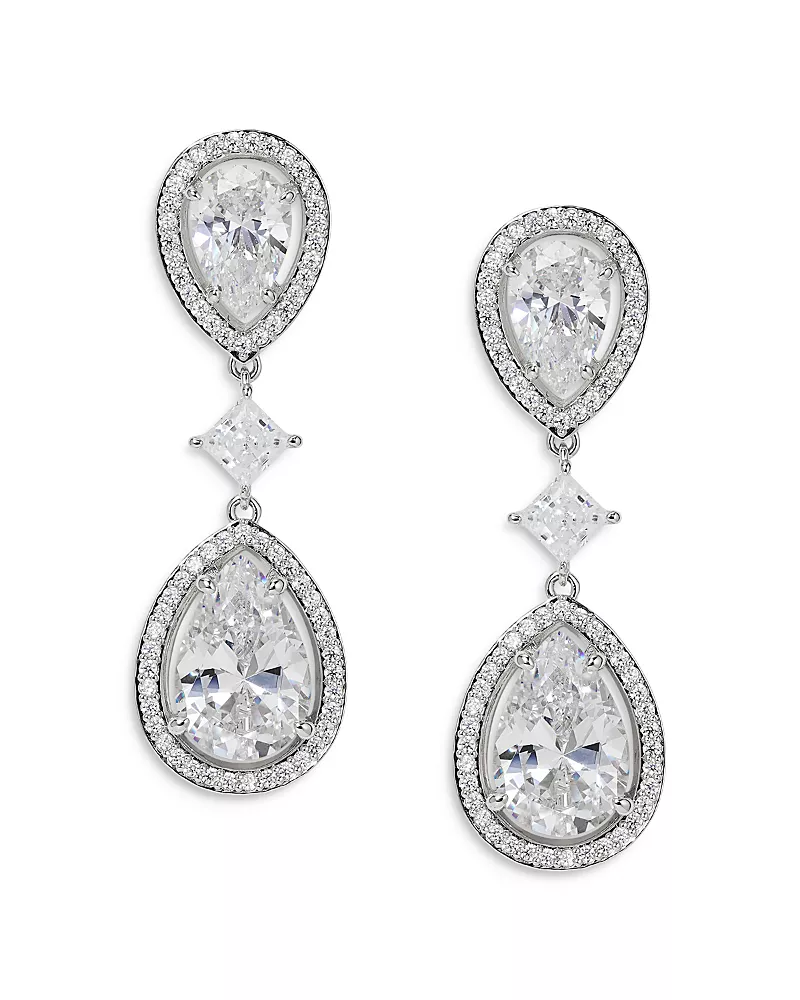 Nadri Radiant Cubic Zirconia Halo Double Drop Earrings in Rhodium Plated