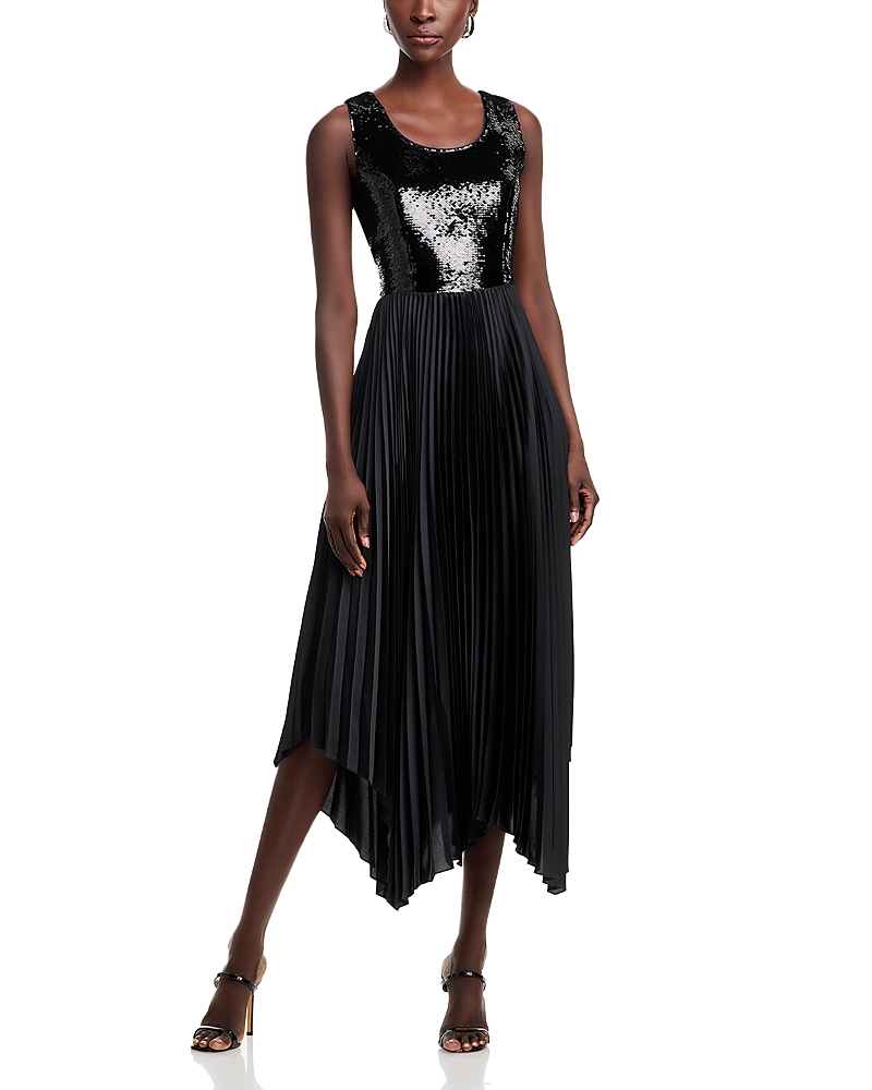 Shop Elie Tahari The Mave Sequin Pleated Skirt Dress In Noir
