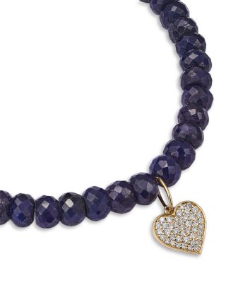 Mini Pav&eacute; Diamond Heart Charm Blue Sapphire Corundum Beaded Bracelet