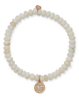 Sydney Evan - Diamond Pav&eacute; Happy Face Charm White Opal Beaded Bracelet