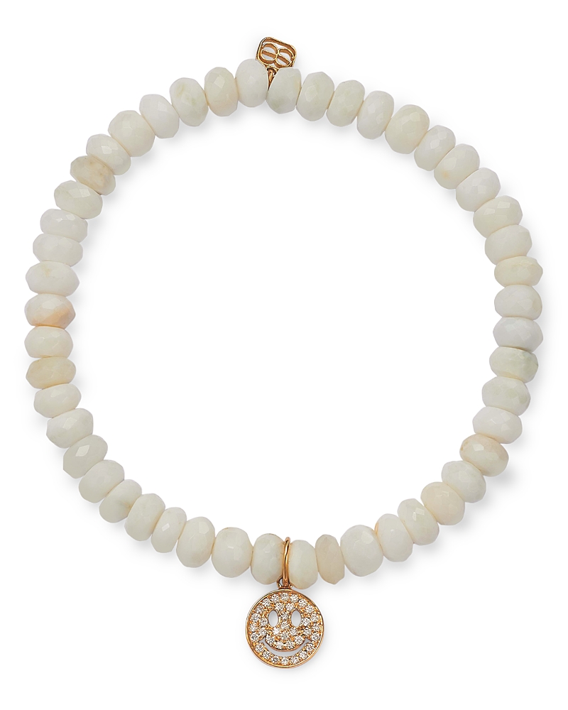 Sydney Evan Diamond Pave Happy Face Charm White Opal Beaded Bracelet