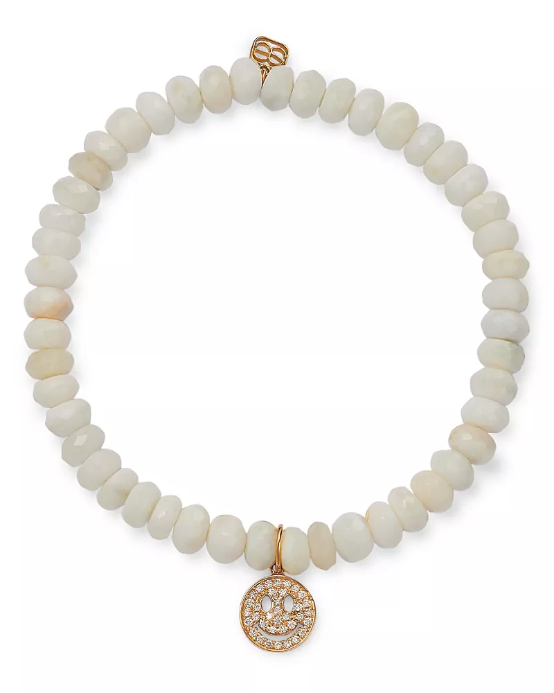 Sydney Evan Diamond Pave Happy Face Charm White Opal Beaded Bracelet