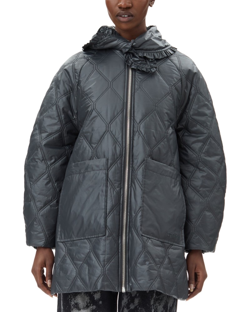 Ganni Quilted Tie Neck Coat in Black Sand