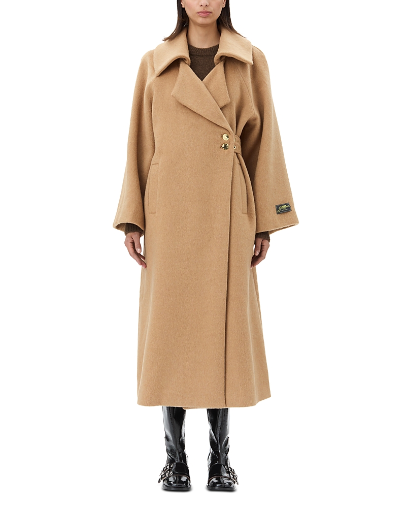 Ganni Long Recycled Wool Jacket In Latte