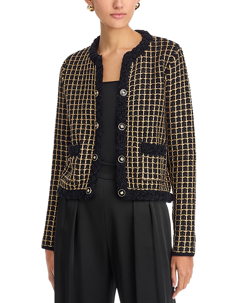 Elie Tahari The Alexis Grid Cardigan In Noir With Gold