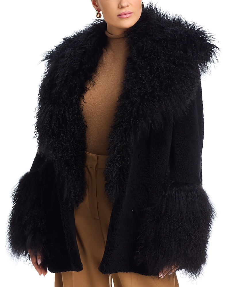 Kobi Halperin Viv Crinkled Shearling-trim Coat In Black