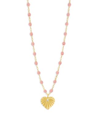 18K Yellow Gold Heart Lumi&amp;egrave;re Diamond &amp; Pink Bead Sunray Heart Pendant Necklace, 16.1&amp;quot;-16.5&amp;quot;