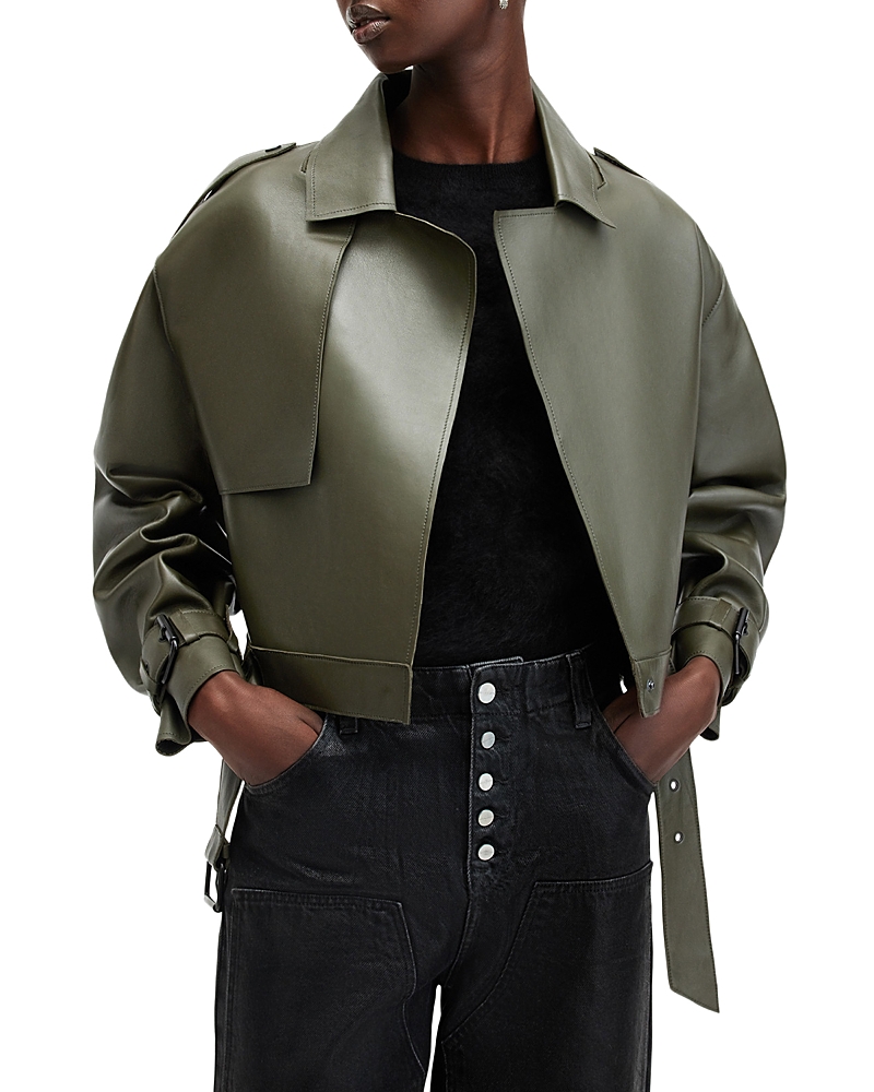 Allsaints Ophelia Cropped Bonded Leather Jacket In Khaki Green