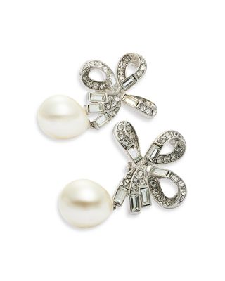 Kenneth Jay Lane - Imitation Pearl & Pav&eacute; Bow Drop Earrings