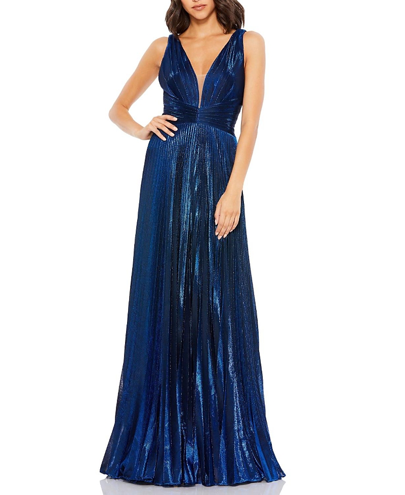 Mac Duggal Plunge Neck Pleated Metallic Gown In Sapphire