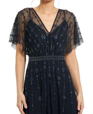 V Neck Embellished Flutter Sleeve A Line Gown