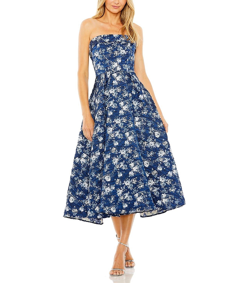 Mac Duggal Floral Strapless Brocade Midi Cocktail Dress In Blue Multi