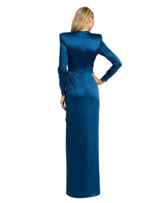  Long Sleeve Structured Bow Draped Gown