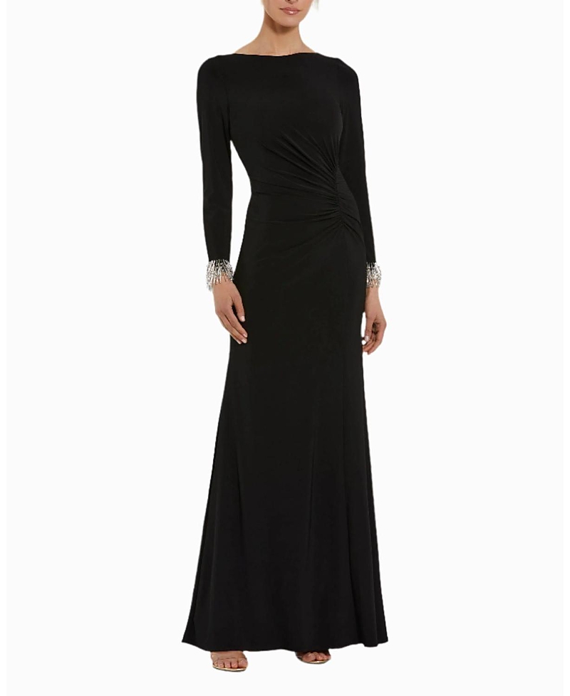 Mac Duggal Long Sleeve Jersey Gown With Beaded Cuff Sleeves In Black