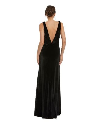  Deep V High Slit Draped Velvet Fitted Gown
