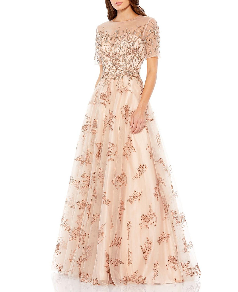 Mac Duggal Embellished Illusion Short Sleeve A Line Gown In Champagne In Champagne