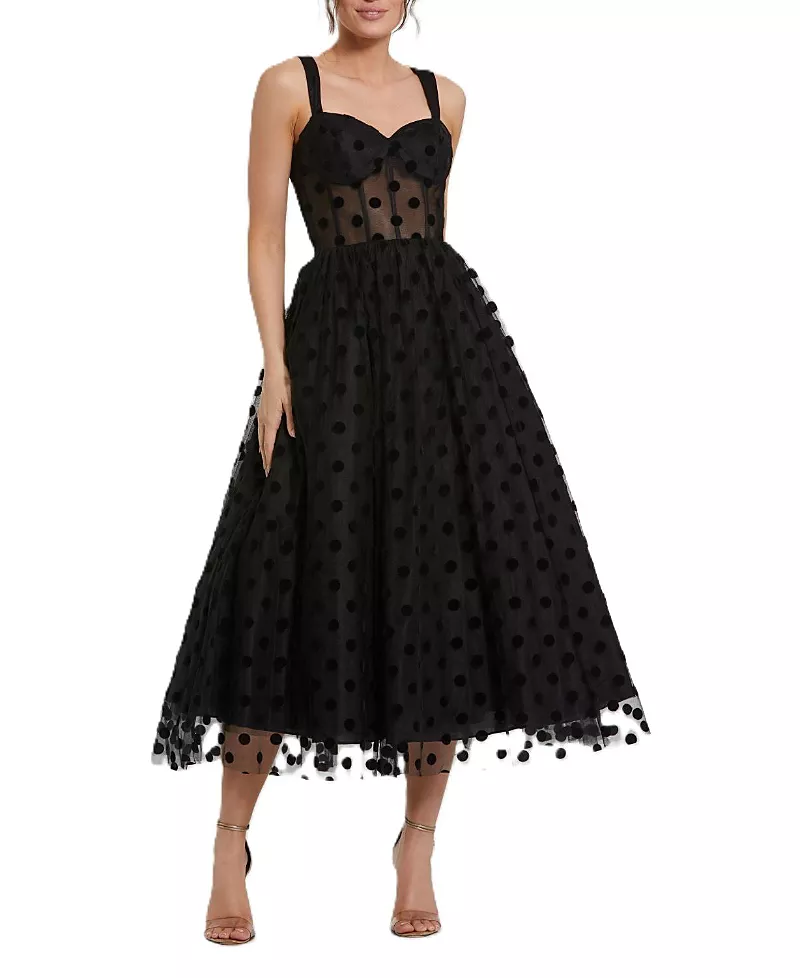 Mac Duggal Polka Dot Net Bustier A-Line Midi Dress