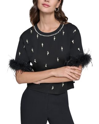 KARL LAGERFELD PARIS - Feather Trim Embellished Top