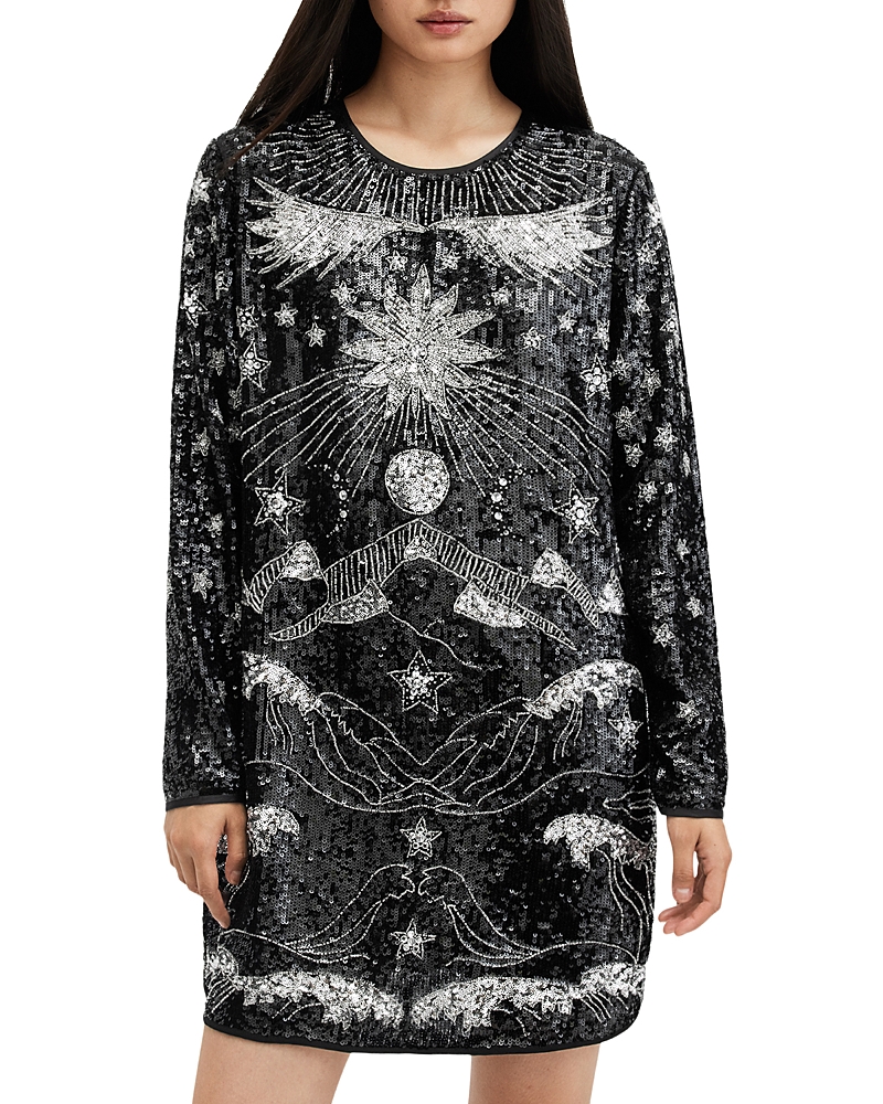Allsaints Noushka Embellished Mini Dress In Black/silver