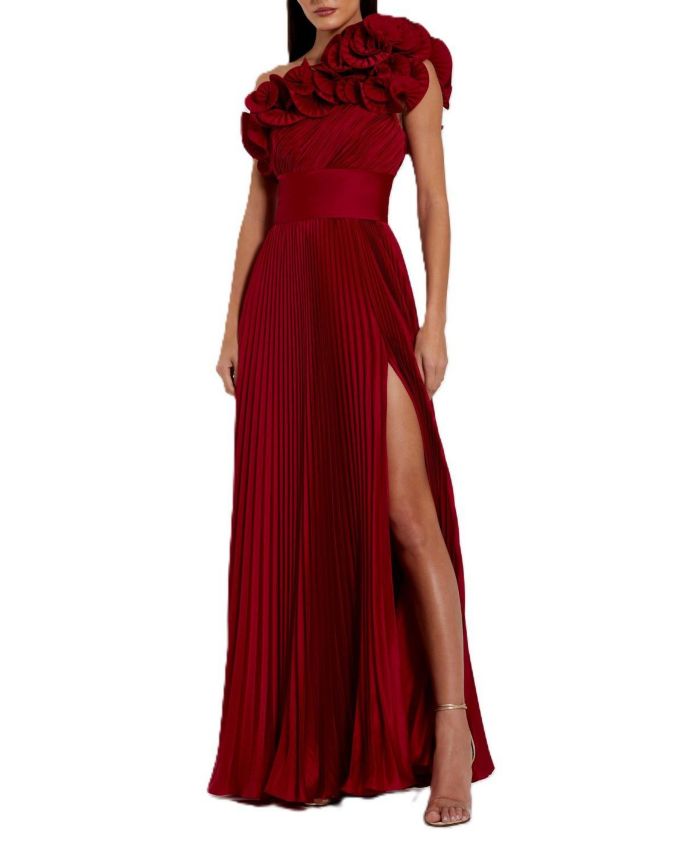 Pleated Charmeuse One Shoulder Ruffle Gown