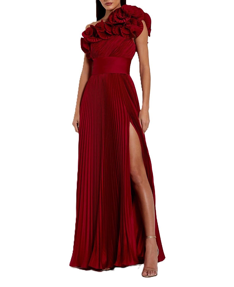 Mac Duggal Pleated Charmeuse One Shoulder Ruffle Gown In Red