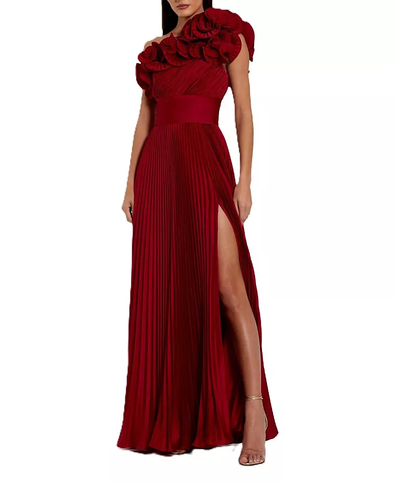 Mac Duggal Pleated Charmeuse One Shoulder Ruffle Gown