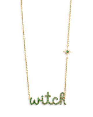 Sydney Evan - 14K Yellow Gold Wicked Emerald Witch Script Pendant Necklace, 18"