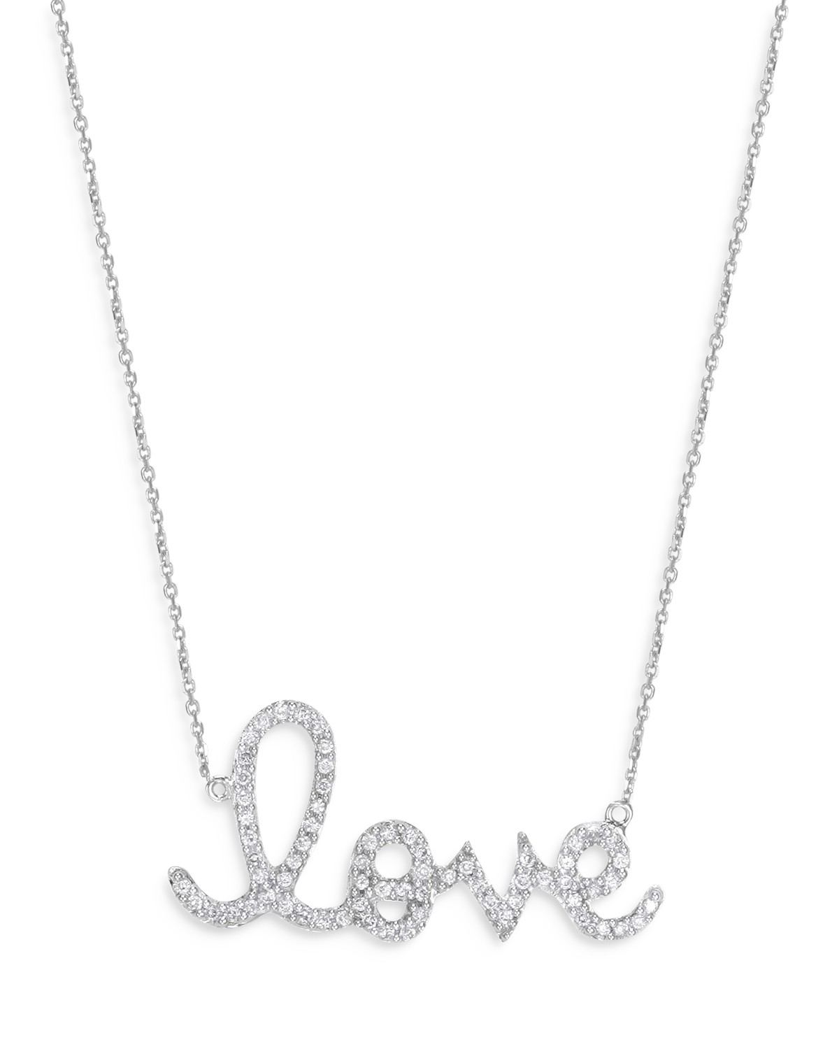 14K White Gold Diamond Large Love Script Pendant Necklace, 18"