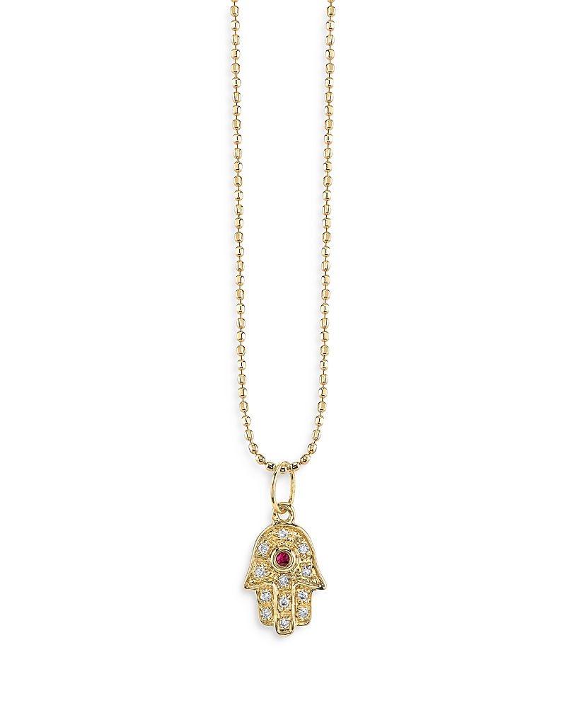 Sydney Evan 14K Yellow Gold Diamond & Ruby Baby Hamsa Hand Pendant Necklace, 18