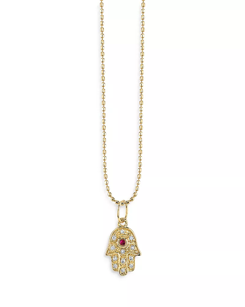 Sydney Evan 14K Yellow Gold Diamond & Ruby Baby Hamsa Hand Pendant Necklace, 18