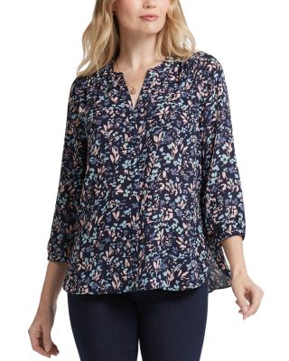 Nydj Three Quarter Sleeve Printed Pintucked Back Blouse