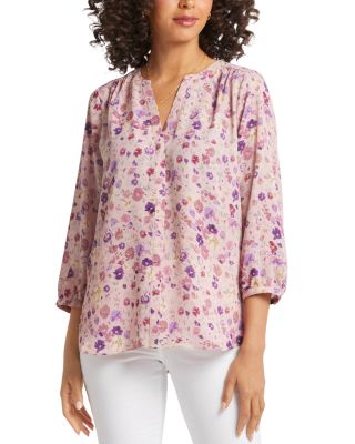 Nydj Three Quarter Sleeve Printed Pintucked Back Blouse