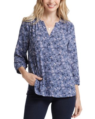 Nydj Three Quarter Sleeve Printed Pintucked Back Blouse