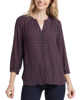 Nydj Three Quarter Sleeve Printed Pintucked Back Blouse