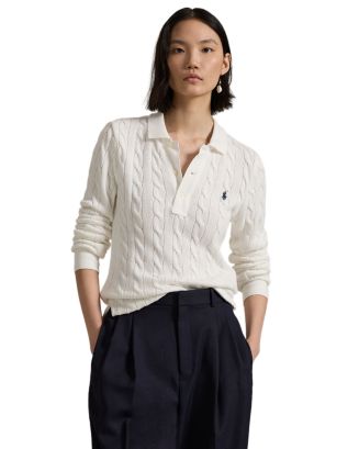 Ralph Lauren Girls Cable Knit Polo Shirt in White main image 0