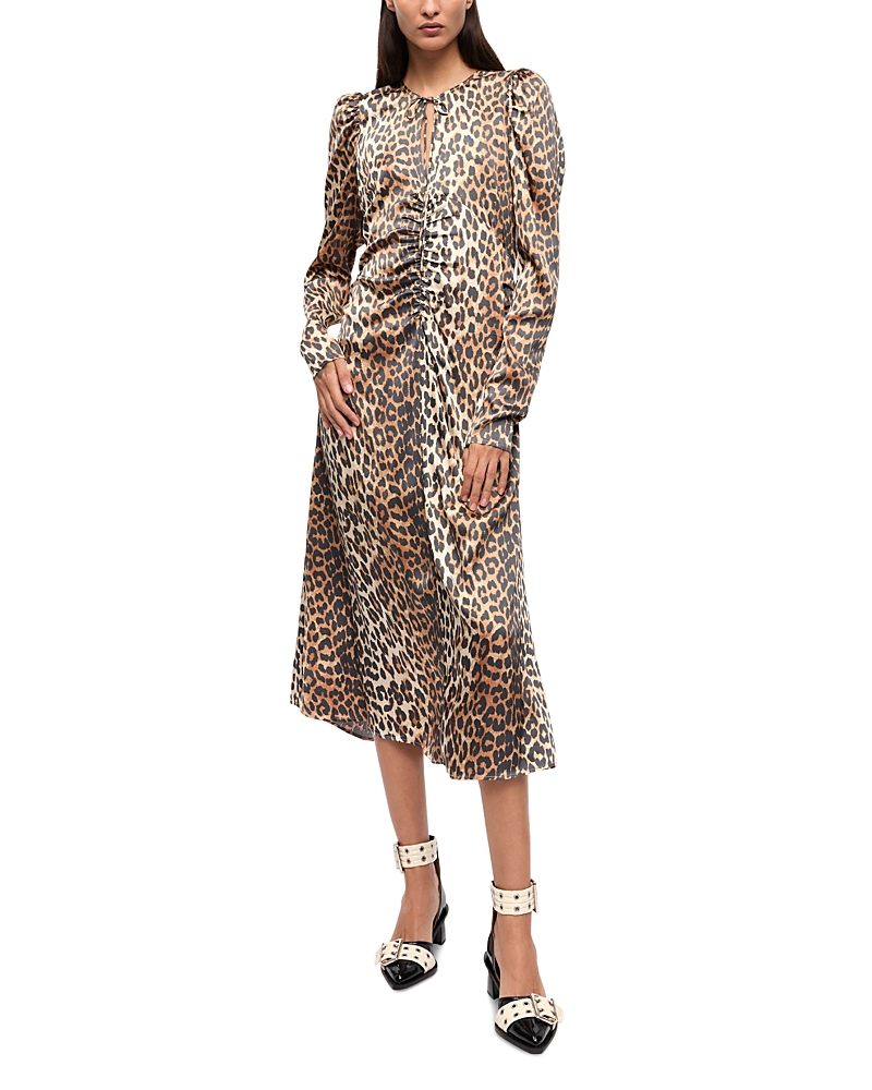 Ganni Printed Ruched Satin Dress