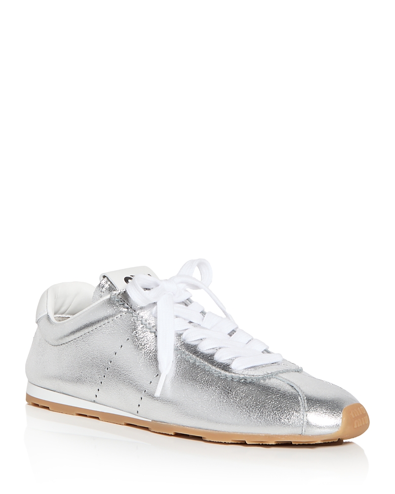 Miu Miu Metallic Leather Retro Runner Sneakers In Argento