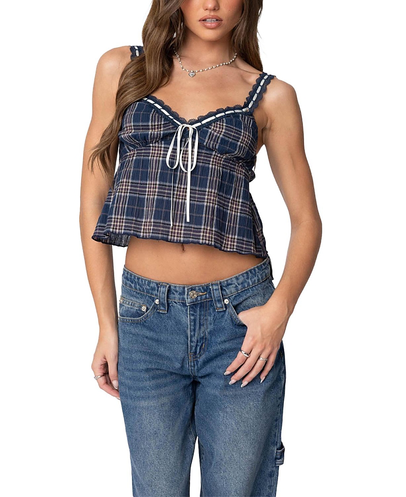 Edikted Plaid Lace Trim Crop Camisole In Navy