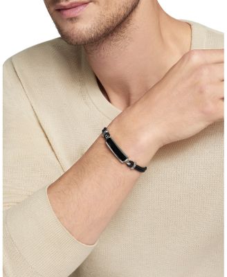 Men's Exotic Stone Station Black Leather Bracelet with Black Onyx