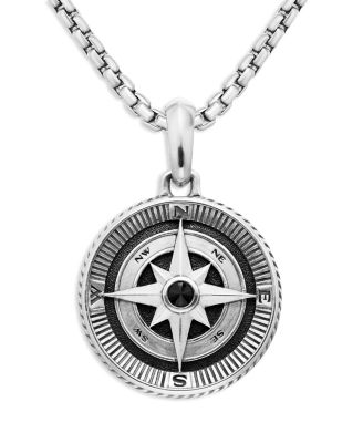 Men's Sterling Silver Maritime Compass Amulet with Black Diamond 