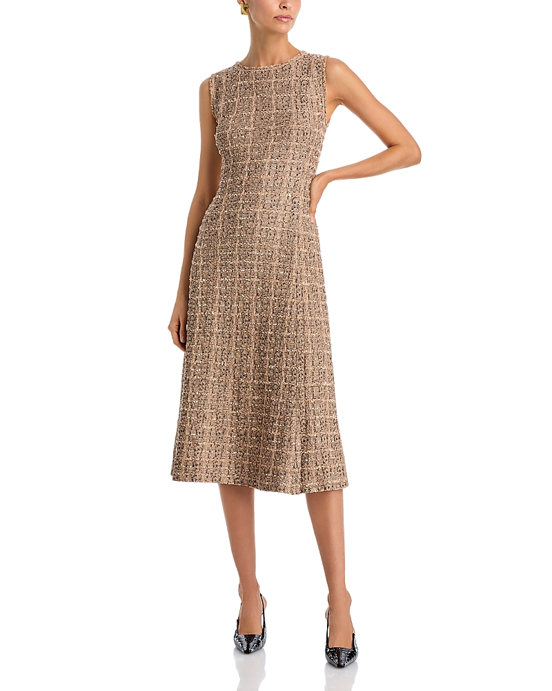 Misook Sleeveless Tweed Knit A-line Midi Dress In Sand/biscotti/black